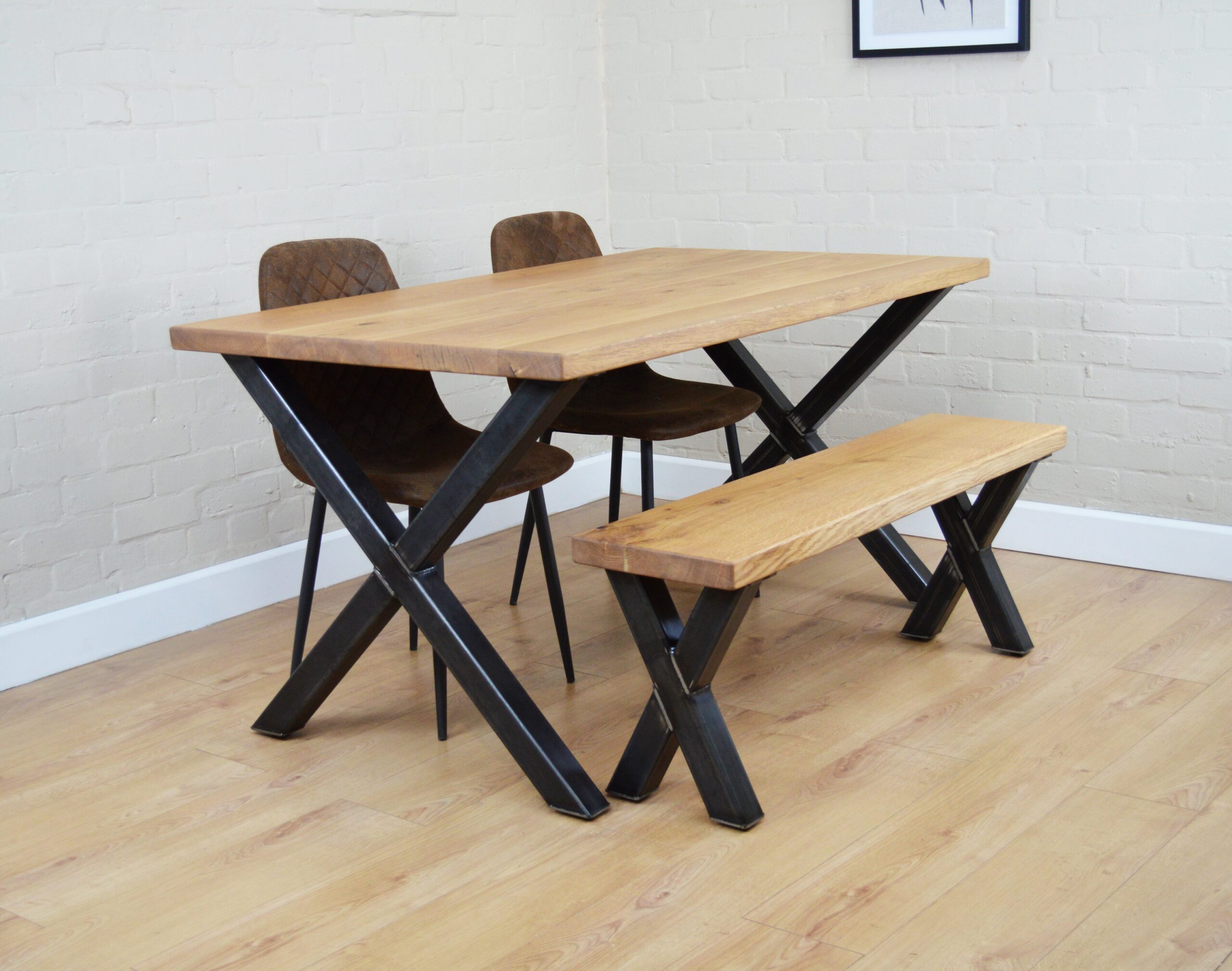 Solid Oak Industrial Dining Table | Chunky X-Frame Legs